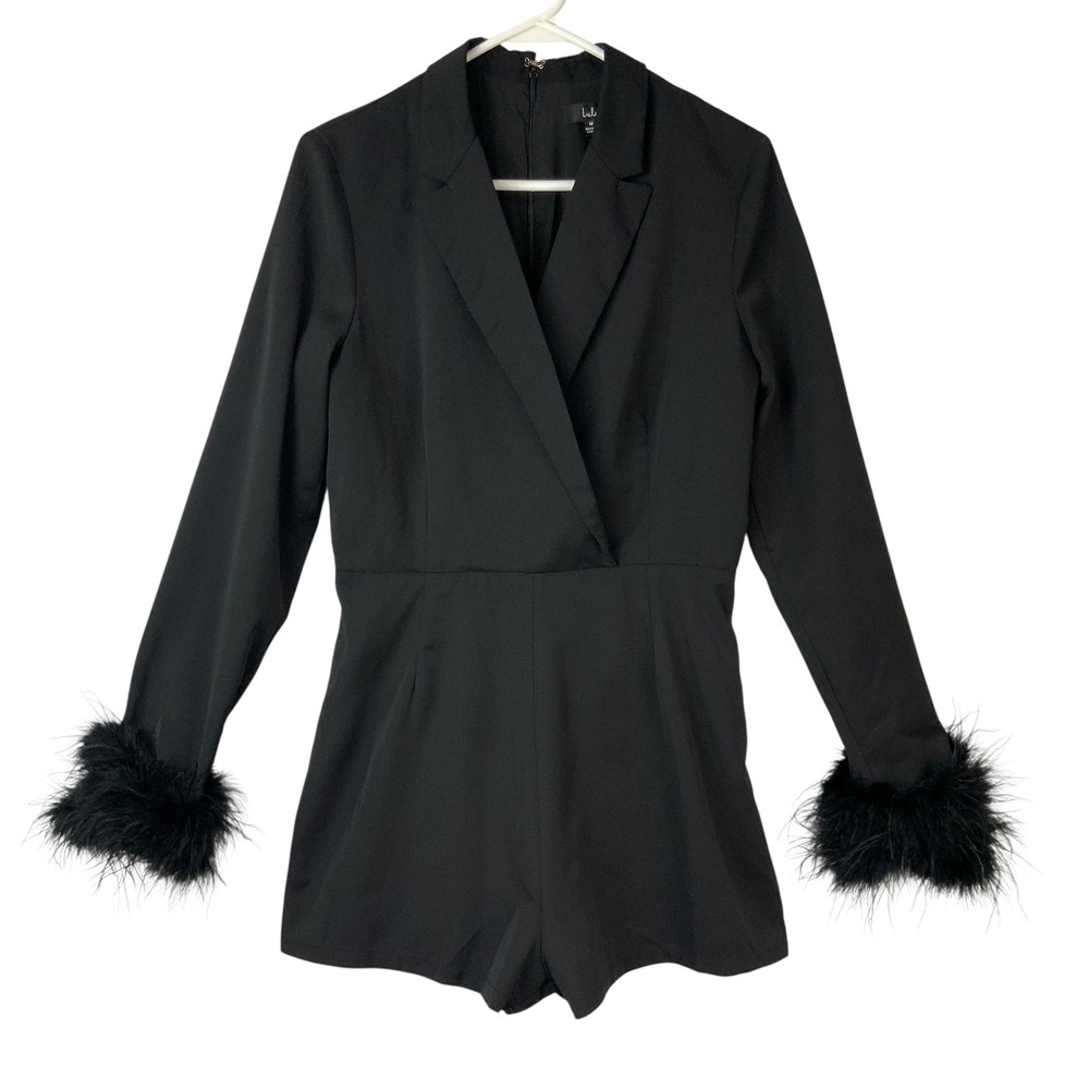 Lulus Black Romper Shorts M Back Zip Notched Lapel Long Sleeve Feather Cuffs